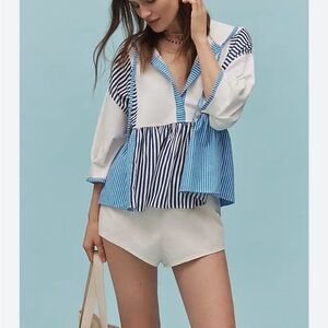 Anthropologie Blue Stripe Swing Peplum Hoodie Coastal Grandmacore Top S Small